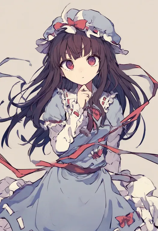 masterpiece, best quality, general, ribbon-trimmed dress, 1girl, solo, simple background — by k3scat, made with ComfyUI