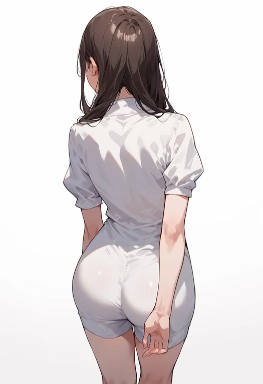 masterpiece, best quality, score_7, safe, white romper, 1girl, solo, simple background — by k3scat, made with ComfyUI