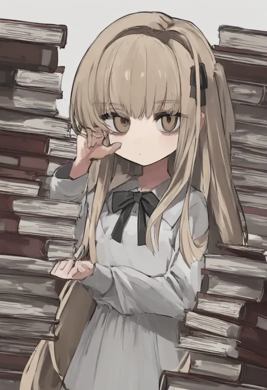 masterpiece, best quality, general, book stack, 1girl, solo, simple background — by k3scat, made with ComfyUI