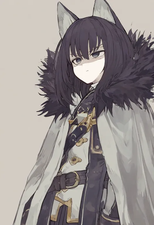 masterpiece, best quality, general, fur-trimmed cape, 1girl, solo, simple background — by k3scat, made with ComfyUI