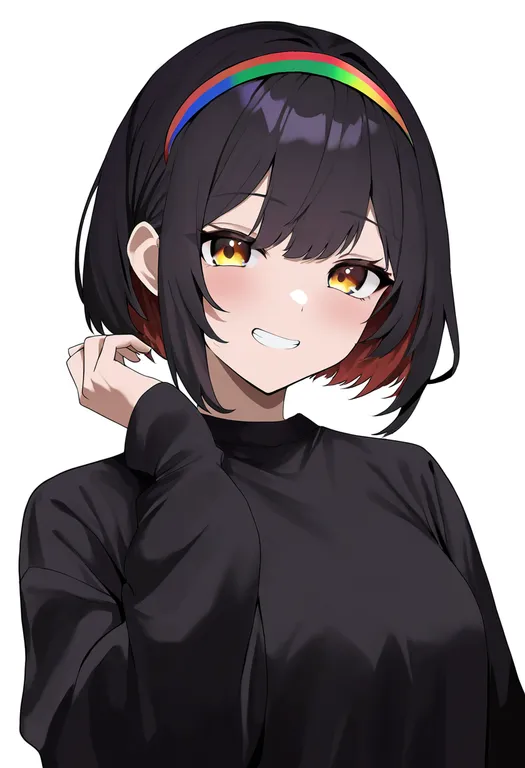 masterpiece, best quality, newest, absurdres, highres, safe, multicolored_hairband, 1girl, solo, simple_background — by k3scat, made with ComfyUI