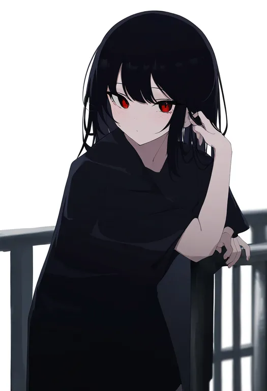 masterpiece, best quality, newest, absurdres, highres, safe, hand_on_railing, 1girl, solo, simple_background — by k3scat, made with ComfyUI