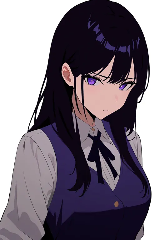 masterpiece, best quality, newest, absurdres, highres, safe, purple_vest, 1girl, solo, simple_background — by k3scat, made with ComfyUI
