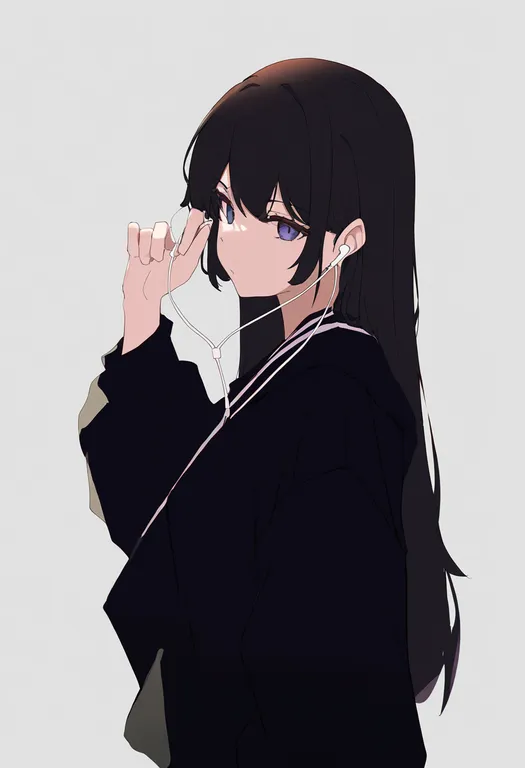 masterpiece, best quality, newest, absurdres, highres, safe, shared_earphones, 1girl, solo, simple_background — by k3scat, made with ComfyUI