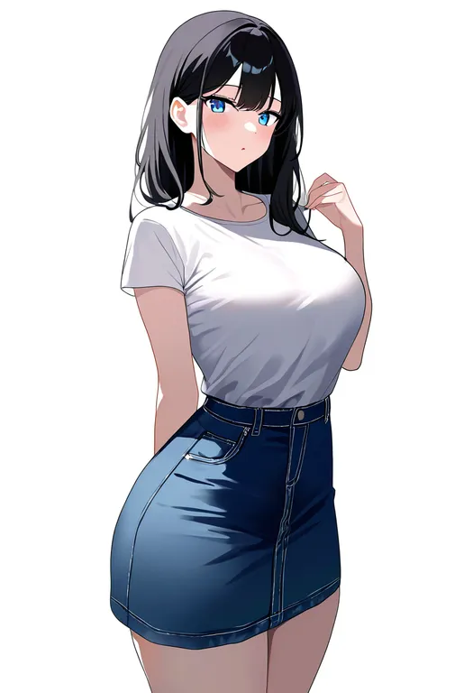 masterpiece, best quality, newest, absurdres, highres, safe, denim_skirt, 1girl, solo, simple_background — by k3scat, made with ComfyUI