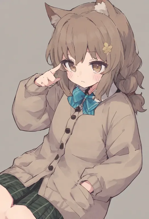 masterpiece, best quality, general, brown cardigan, 1girl, solo, simple background — by k3scat, made with ComfyUI