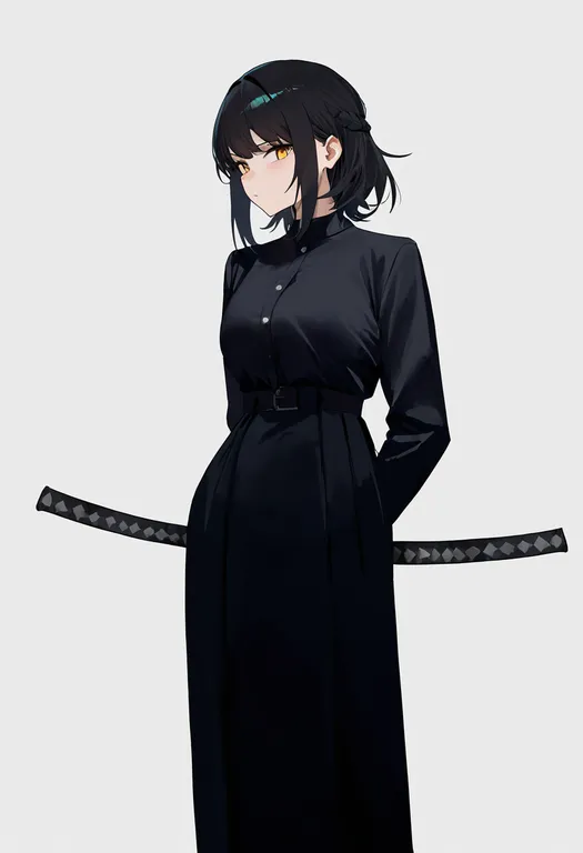 masterpiece, best quality, newest, absurdres, highres, safe, holding_weapon_behind_back, 1girl, solo, simple_background — by k3scat, made with ComfyUI
