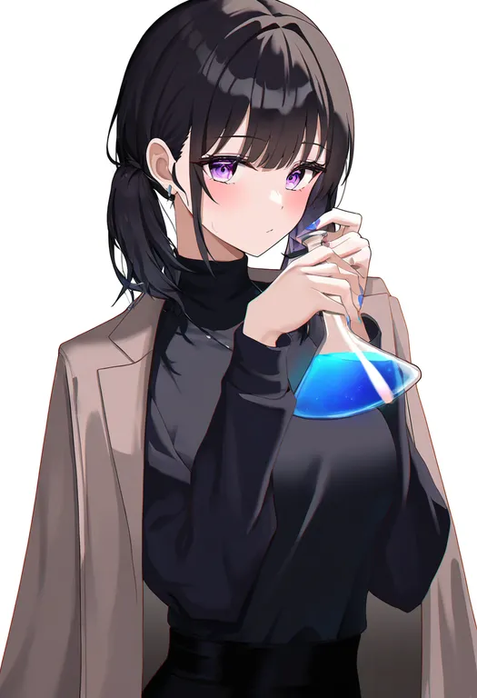 masterpiece, best quality, newest, absurdres, highres, safe, holding_flask, 1girl, solo, simple_background — by k3scat, made with ComfyUI