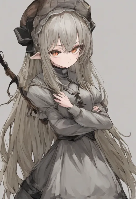 masterpiece, best quality, general, grey dress, 1girl, solo, simple background — by k3scat, made with ComfyUI