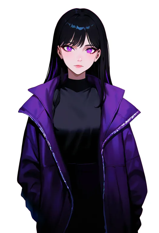 masterpiece, best quality, newest, absurdres, highres, safe, purple_jacket, 1girl, solo, simple_background — by k3scat, made with ComfyUI