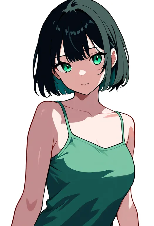 masterpiece, best quality, newest, absurdres, highres, safe, green_camisole, 1girl, solo, simple_background — by k3scat, made with ComfyUI
