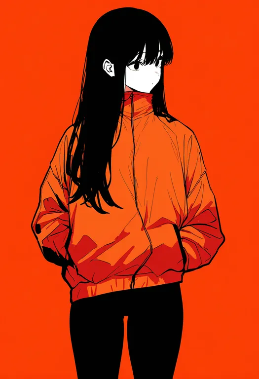 masterpiece, best quality, newest, absurdres, highres, safe, orange_jacket, 1girl, solo, simple_background — by k3scat, made with ComfyUI