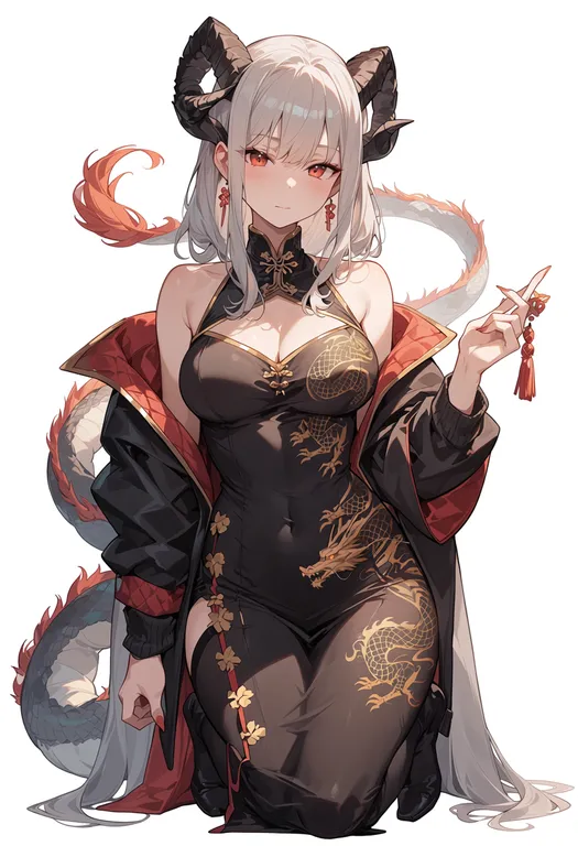 masterpiece, best quality, score_7, safe, year of the dragon, 1girl, solo, simple background — by k3scat, made with ComfyUI