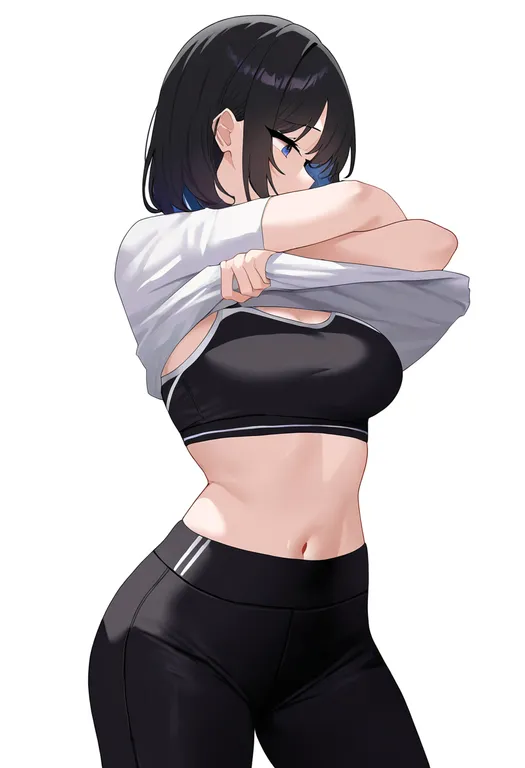 masterpiece, best quality, newest, absurdres, highres, safe, sports_bra_lift, 1girl, solo, simple_background — by k3scat, made with ComfyUI