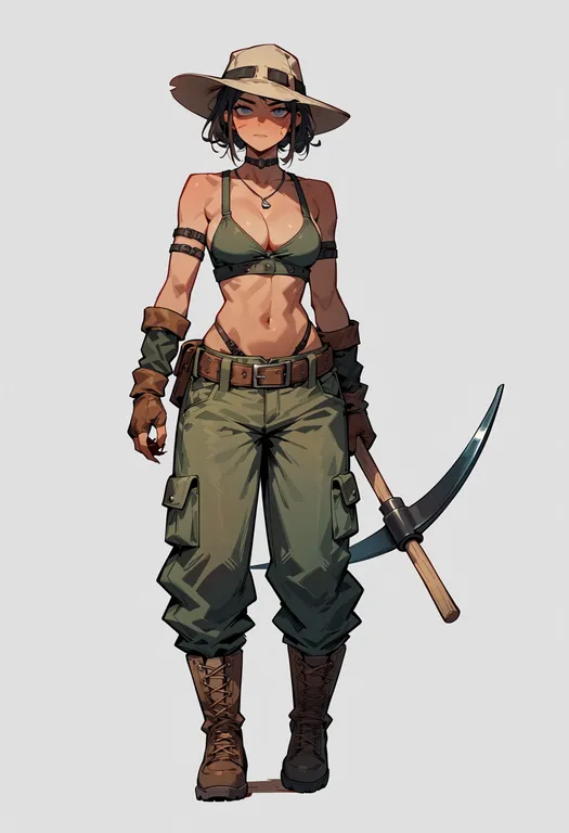 masterpiece, best quality, score_7, safe, pickaxe, 1girl, solo, simple background — by k3scat, made with ComfyUI