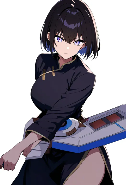masterpiece, best quality, newest, absurdres, highres, safe, duel_disk, 1girl, solo, simple_background — by k3scat, made with ComfyUI