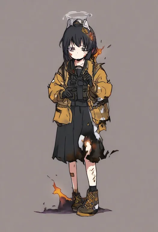 masterpiece, best quality, general, burnt clothes, 1girl, solo, simple background — by k3scat, made with ComfyUI