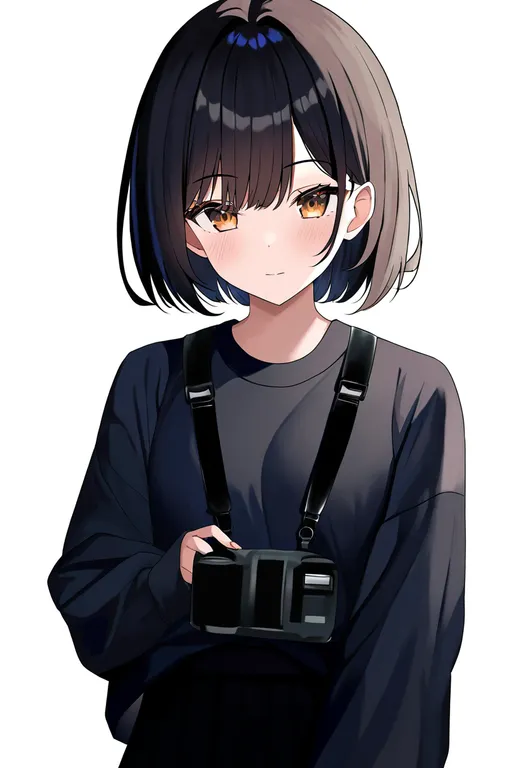 masterpiece, best quality, newest, absurdres, highres, safe, camera_around_neck, 1girl, solo, simple_background — by k3scat, made with ComfyUI