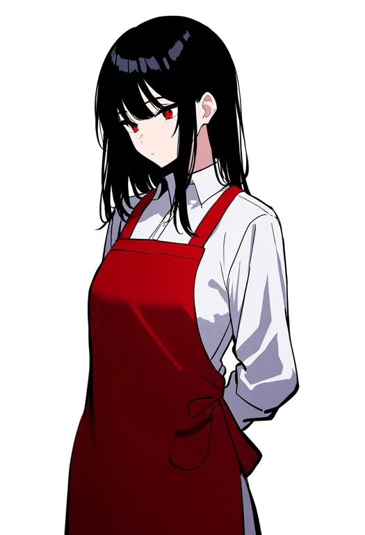 masterpiece, best quality, newest, absurdres, highres, safe, red_apron, 1girl, solo, simple_background — by k3scat, made with ComfyUI
