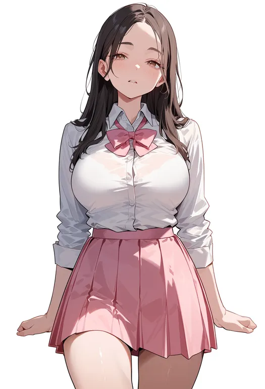 masterpiece, best quality, score_7, safe, pink skirt, 1girl, solo, simple background — by k3scat, made with ComfyUI