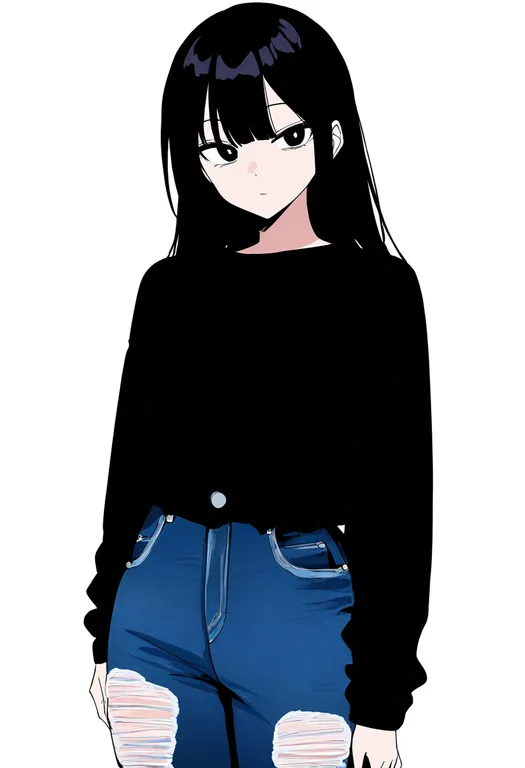 masterpiece, best quality, newest, absurdres, highres, safe, torn_jeans, 1girl, solo, simple_background — by k3scat, made with ComfyUI
