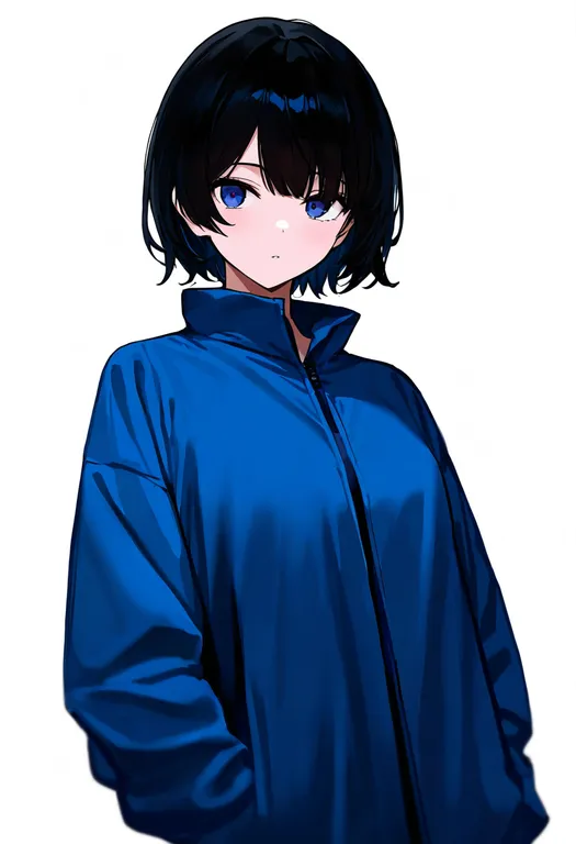 masterpiece, best quality, newest, absurdres, highres, safe, blue_jacket, 1girl, solo, simple_background — by k3scat, made with ComfyUI