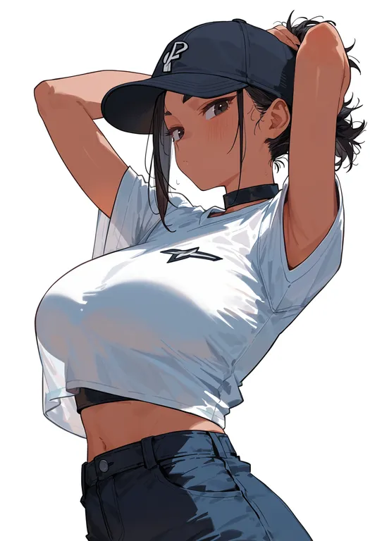 masterpiece, best quality, score_7, safe, baseball cap, 1girl, solo, upper body, simple background — by k3scat, made with ComfyUI