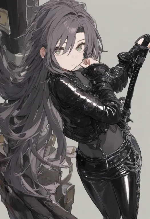masterpiece, best quality, general, leather pants, 1girl, solo, simple background — by k3scat, made with ComfyUI