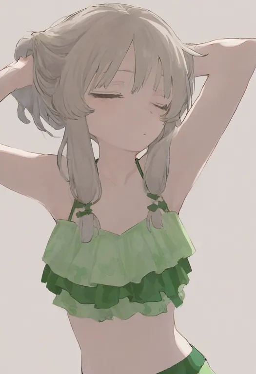 masterpiece, best quality, general, green bikini, 1girl, solo, simple background — by k3scat, made with ComfyUI