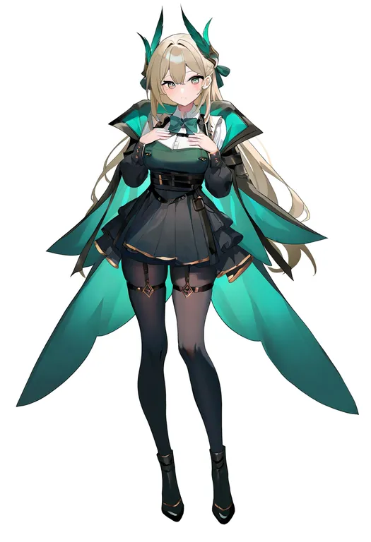 masterpiece, best quality, newest, absurdres, highres, safe, green_wings, 1girl, solo, full_body, simple_background — by k3scat, made with ComfyUI