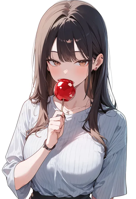 masterpiece, best quality, score_7, safe, candy apple, 1girl, solo, upper body, simple background — by k3scat, made with ComfyUI