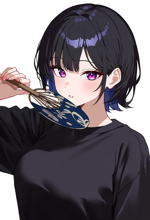 masterpiece, best quality, newest, absurdres, highres, safe, holding_fan, 1girl, solo, simple_background — by k3scat, made with ComfyUI