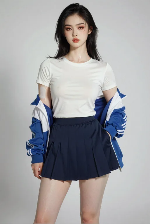 一位身高约165公分、身材匀称丰腴的东方美女。她拥有自然健康的温和曲线，肩膀线条柔美圆润，带有一丝温润的肉感。胸部自然A罩杯挺拔，腰部紧致而富有弹性，腰线平缓柔和，微微带着女性自然的腹部弧度。她的胯部圆润宽大，臀部饱满挺翘，大腿丰满、略带迷…