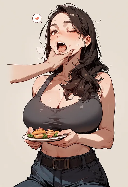 masterpiece, best quality, score_7, safe, force-feeding, 1girl, solo, upper body, simple background — by k3scat, made with ComfyUI