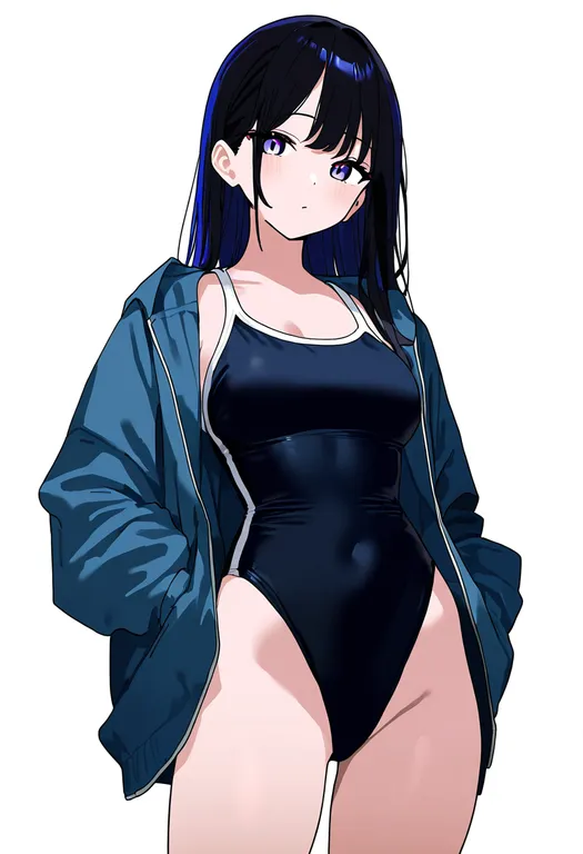 masterpiece, best quality, newest, absurdres, highres, safe, jacket_over_swimsuit, 1girl, solo, simple_background — by k3scat, made with ComfyUI