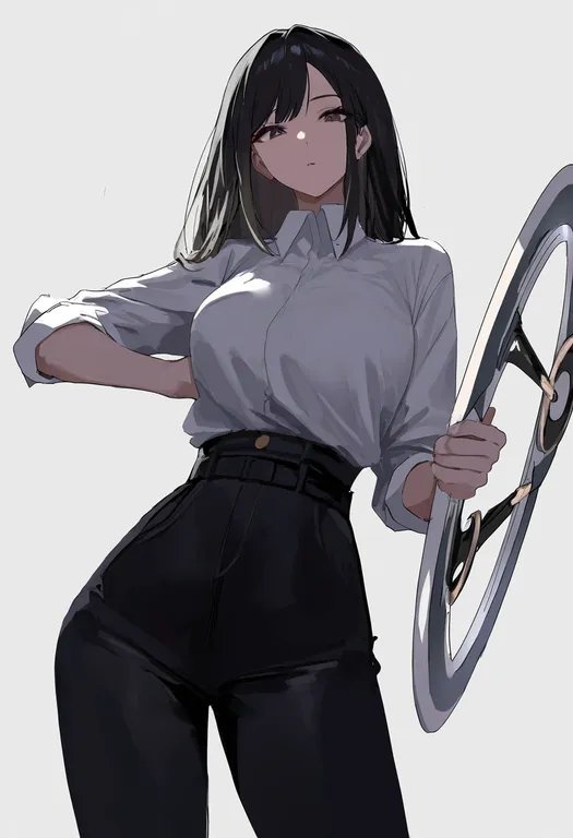masterpiece, best quality, newest, absurdres, highres, safe, chakram, 1girl, solo, simple_background — by k3scat, made with ComfyUI