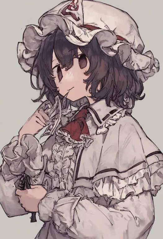 masterpiece, best quality, general, frilled ascot, 1girl, solo, simple background — by k3scat, made with ComfyUI