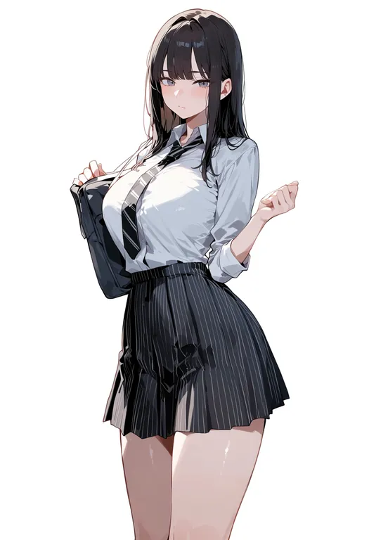masterpiece, best quality, score_7, safe, striped skirt, 1girl, solo, simple background — by k3scat, made with ComfyUI