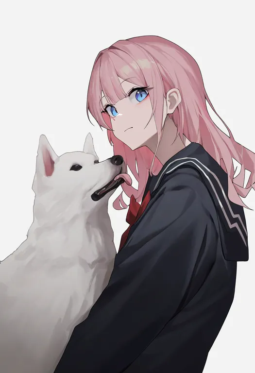 masterpiece, best quality, newest, absurdres, highres, safe, white_dog, 1girl, solo, simple_background — by k3scat, made with ComfyUI