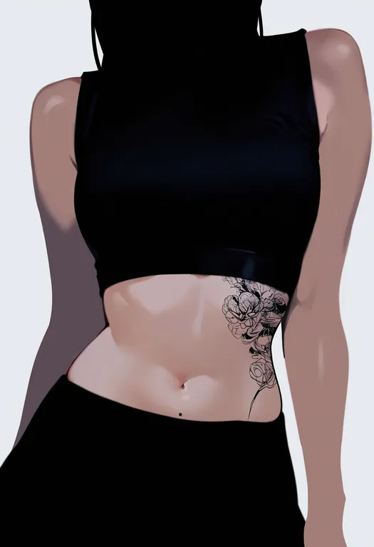 masterpiece, best quality, newest, absurdres, highres, safe, stomach_tattoo, 1girl, solo, simple_background — by k3scat, made with ComfyUI