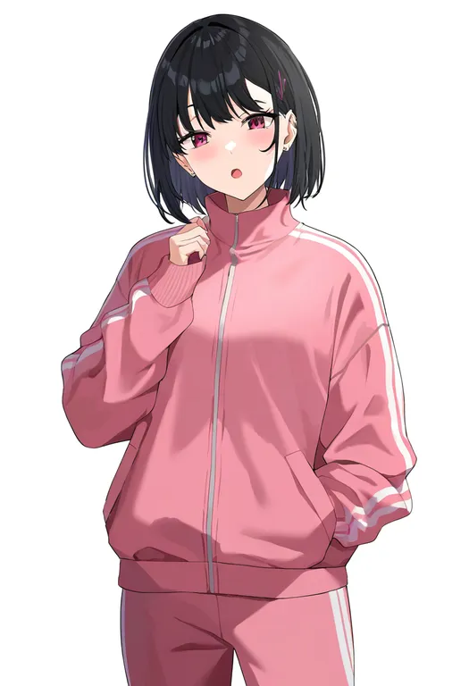 masterpiece, best quality, newest, absurdres, highres, safe, pink_track_suit, 1girl, solo, simple_background — by k3scat, made with ComfyUI