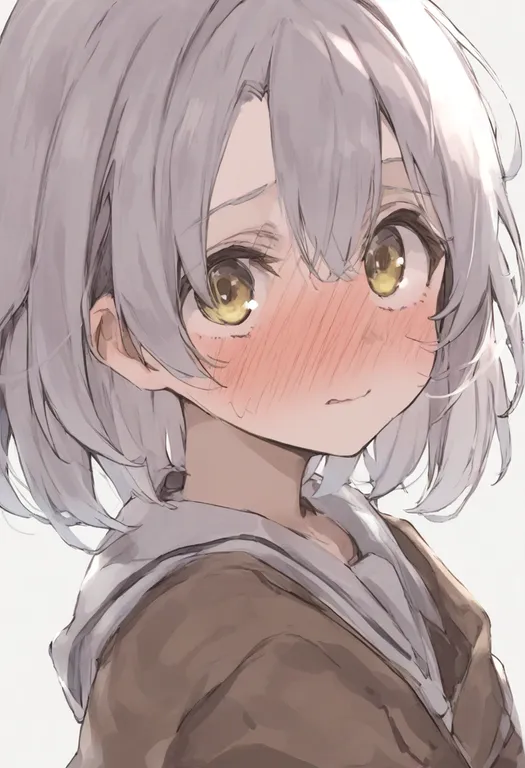 masterpiece, best quality, general, nose blush, 1girl, solo, portrait, simple background — by k3scat, made with ComfyUI