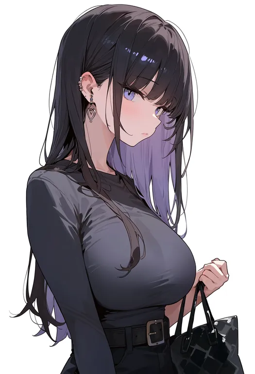 masterpiece, best quality, score_7, safe, holding bag, 1girl, solo, upper body, simple background — by k3scat, made with ComfyUI