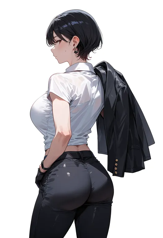 masterpiece, best quality, score_7, safe, unworn jacket, 1girl, solo, simple background — by k3scat, made with ComfyUI