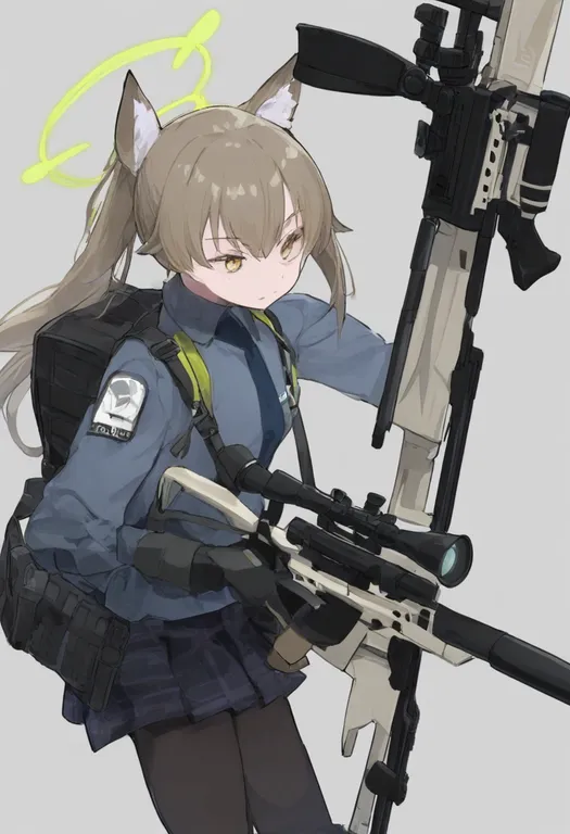 masterpiece, best quality, general, sniper rifle, 1girl, solo, simple background — by k3scat, made with ComfyUI