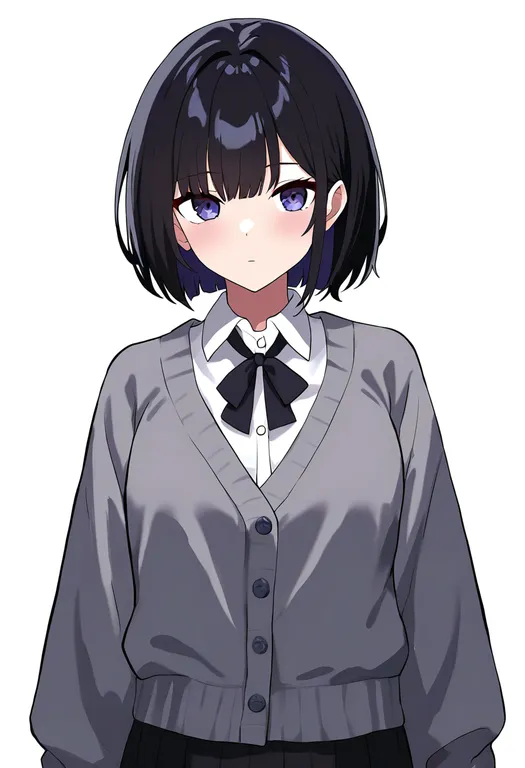 masterpiece, best quality, newest, absurdres, highres, safe, grey_cardigan, 1girl, solo, simple_background — by k3scat, made with ComfyUI