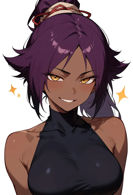 masterpiece, best quality, score_7, safe, shihouin yoruichi, solo, upper body, simple background — by k3scat, made with ComfyUI