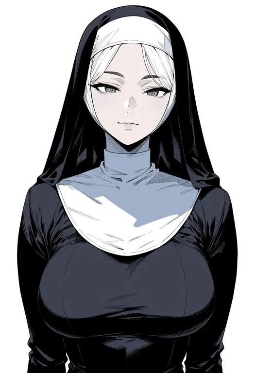 masterpiece, best quality, score_7, safe, strict nun (diva), solo, upper body, simple background — by k3scat, made with ComfyUI