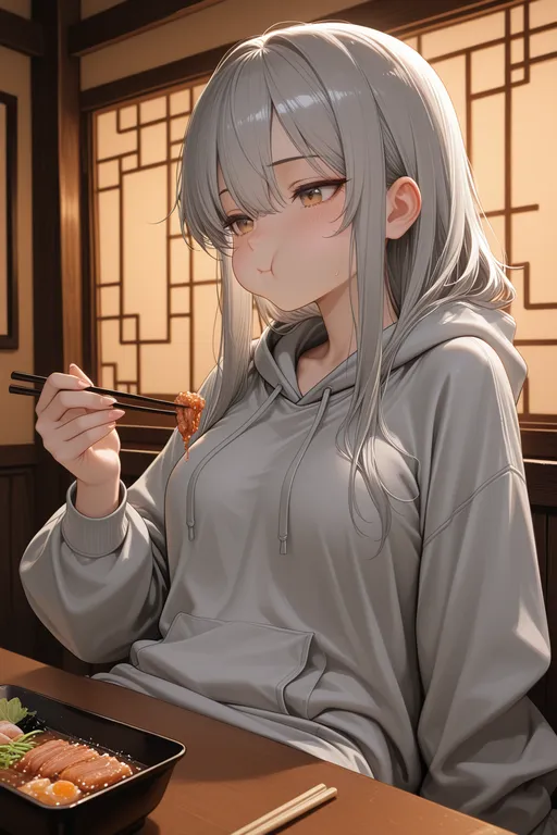best quality, absurdres, masterpiece, nsfw, 1 chinese girl, closeup, half body, pure bg, wearing light gray loose hoodie…