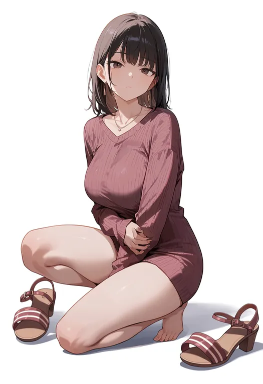 masterpiece, best quality, score_7, safe, unworn sandals, 1girl, solo, simple background — by k3scat, made with ComfyUI